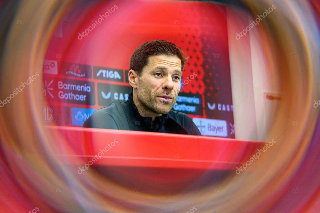 LEVERKUSEN, GERMANY - 9 MAY, 2025:  - Xabi Alonso. Press Conference. The Bundesliga match Bayer 04 Leverkusen vs Borusssia Dortmund at BayArena.