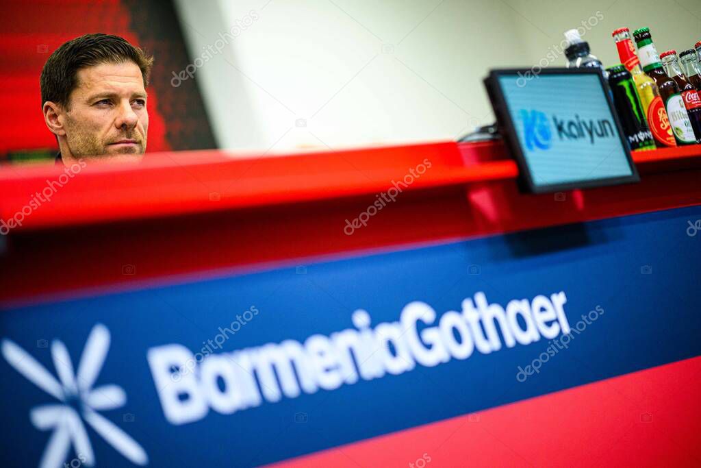 LEVERKUSEN, GERMANY - 9 MAY, 2025:  - Xabi Alonso. Press Conference. The Bundesliga match Bayer 04 Leverkusen vs Borusssia Dortmund at BayArena.