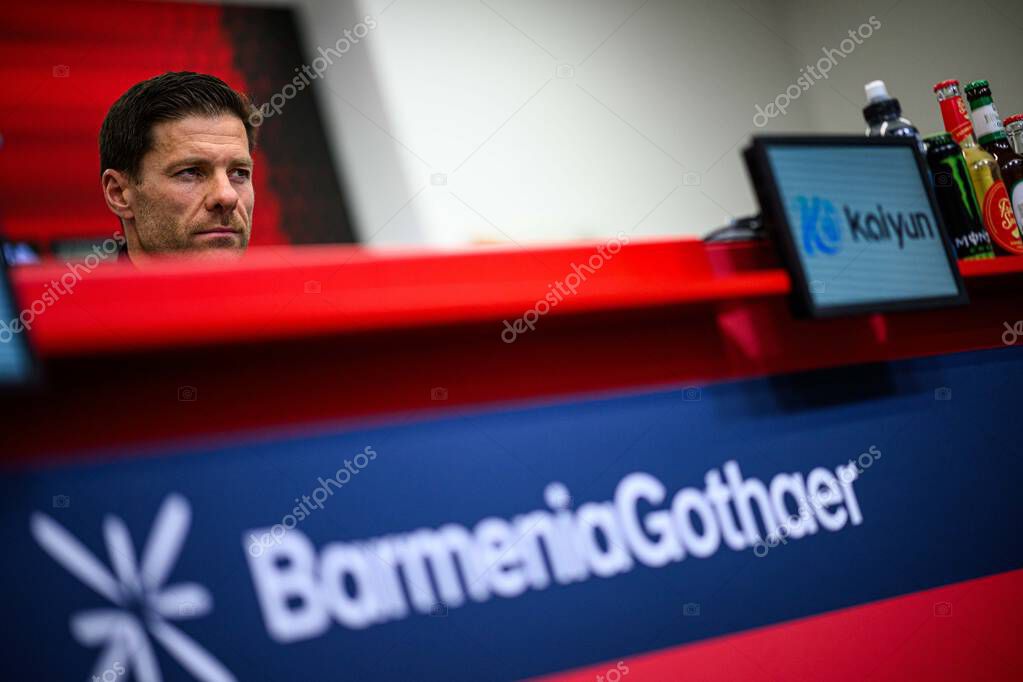 LEVERKUSEN, GERMANY - 9 MAY, 2025:  - Xabi Alonso. Press Conference. The Bundesliga match Bayer 04 Leverkusen vs Borusssia Dortmund at BayArena.
