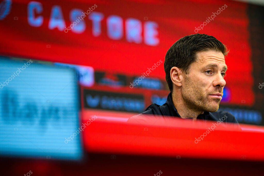 LEVERKUSEN, GERMANY - 9 MAY, 2025:  - Xabi Alonso. Press Conference. The Bundesliga match Bayer 04 Leverkusen vs Borusssia Dortmund at BayArena.
