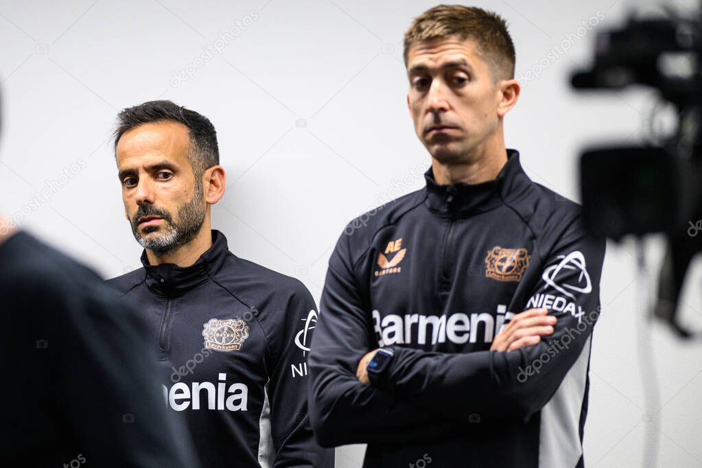 LEVERKUSEN, GERMANY - 9 MAY, 2025:  Ismael Camenforte Lopez, Alberto Encinas. The Bundesliga match Bayer 04 Leverkusen vs Borusssia Dortmund at BayArena.