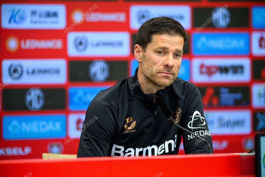 LEVERKUSEN, GERMANY - 9 MAY, 2025:  - Xabi Alonso. Press Conference. The Bundesliga match Bayer 04 Leverkusen vs Borusssia Dortmund at BayArena.