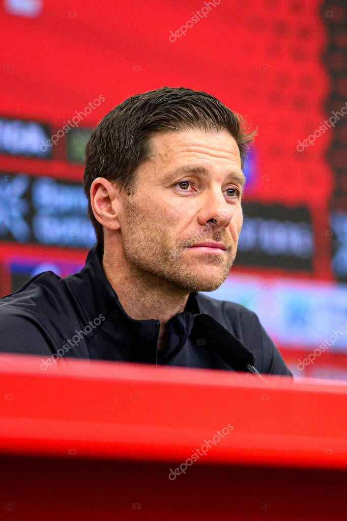 LEVERKUSEN, GERMANY - 9 MAY, 2025:  - Xabi Alonso. Press Conference. The Bundesliga match Bayer 04 Leverkusen vs Borusssia Dortmund at BayArena.
