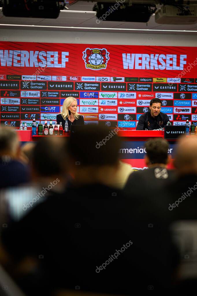 LEVERKUSEN, GERMANY - 9 MAY, 2025:  - Xabi Alonso. Press Conference. The Bundesliga match Bayer 04 Leverkusen vs Borusssia Dortmund at BayArena.