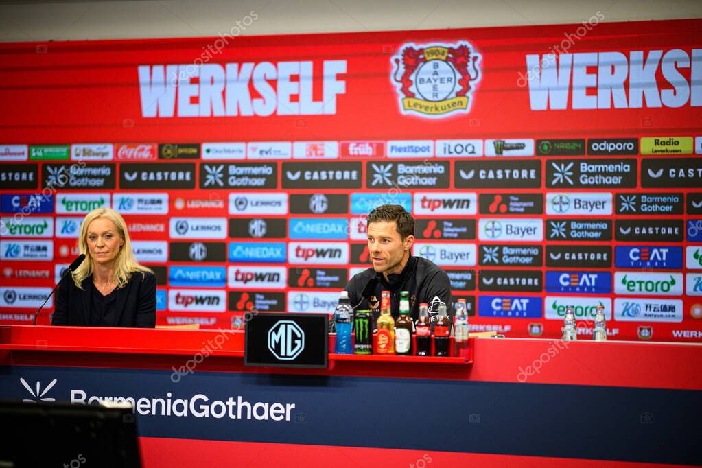 LEVERKUSEN, GERMANY - 9 MAY, 2025:  - Xabi Alonso. Press Conference. The Bundesliga match Bayer 04 Leverkusen vs Borusssia Dortmund at BayArena.