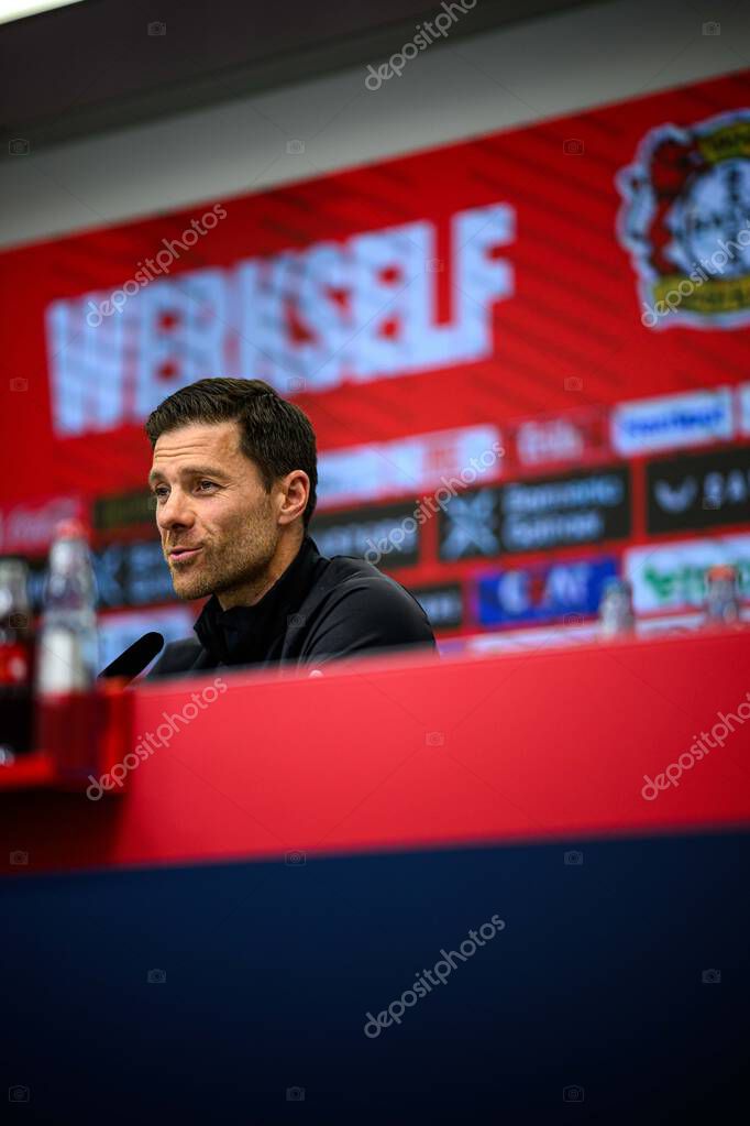 LEVERKUSEN, GERMANY - 9 MAY, 2025:  - Xabi Alonso. Press Conference. The Bundesliga match Bayer 04 Leverkusen vs Borusssia Dortmund at BayArena.