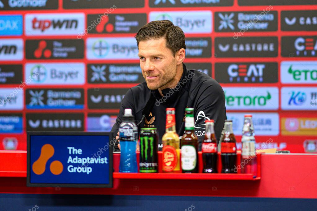 LEVERKUSEN, GERMANY - 9 MAY, 2025:  - Xabi Alonso. Press Conference. The Bundesliga match Bayer 04 Leverkusen vs Borusssia Dortmund at BayArena.