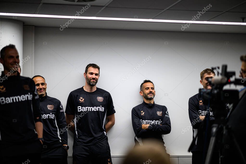LEVERKUSEN, GERMANY - 9 MAY, 2025:  Ismael Camenforte Lopez, Alberto Encinas. The Bundesliga match Bayer 04 Leverkusen vs Borusssia Dortmund at BayArena.