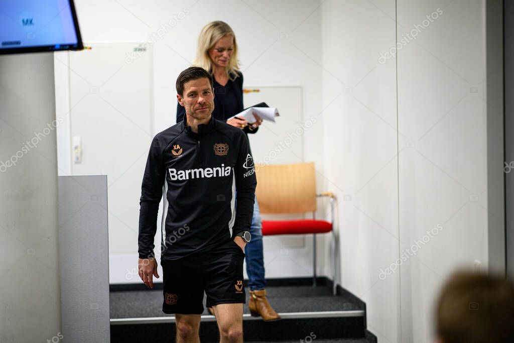 LEVERKUSEN, GERMANY - 9 MAY, 2025:  - Xabi Alonso. Press Conference. The Bundesliga match Bayer 04 Leverkusen vs Borusssia Dortmund at BayArena.
