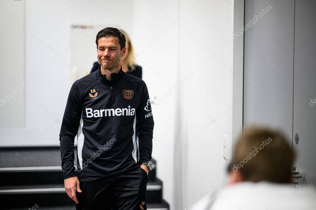 LEVERKUSEN, GERMANY - 9 MAY, 2025:  - Xabi Alonso. Press Conference. The Bundesliga match Bayer 04 Leverkusen vs Borusssia Dortmund at BayArena.