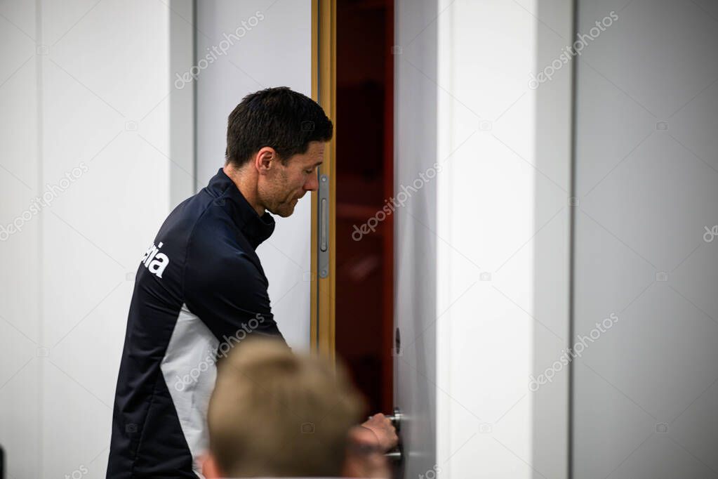 LEVERKUSEN, GERMANY - 9 MAY, 2025:  - Xabi Alonso. Press Conference. The Bundesliga match Bayer 04 Leverkusen vs Borusssia Dortmund at BayArena.