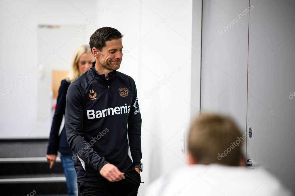 LEVERKUSEN, GERMANY - 9 MAY, 2025:  - Xabi Alonso. Press Conference. The Bundesliga match Bayer 04 Leverkusen vs Borusssia Dortmund at BayArena.