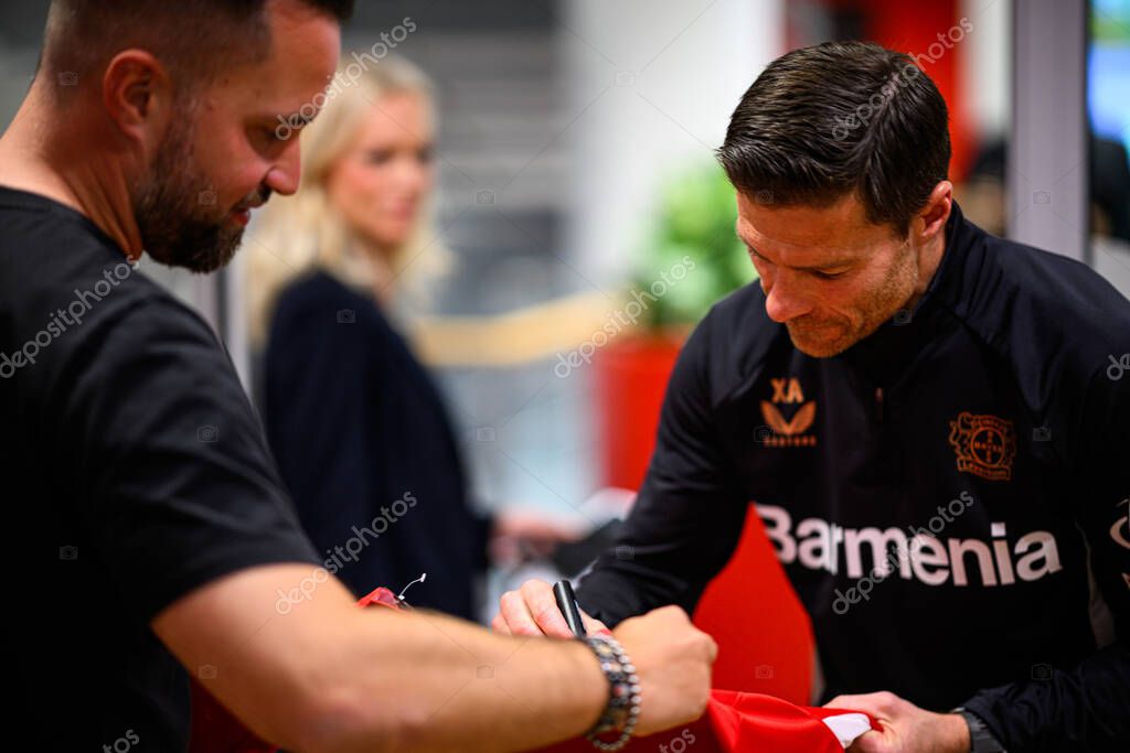 LEVERKUSEN, GERMANY - 9 MAY, 2025:  - Xabi Alonso. Press Conference. The Bundesliga match Bayer 04 Leverkusen vs Borusssia Dortmund at BayArena.