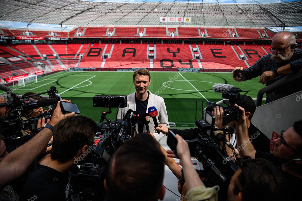 LEVERKUSEN, GERMANY - 9 MAY, 2025:  - Simon Rolfes. Press Conference. The Bundesliga match Bayer 04 Leverkusen vs Borusssia Dortmund at BayArena.