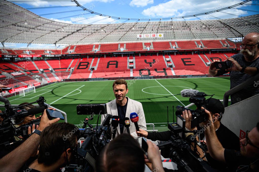 LEVERKUSEN, GERMANY - 9 MAY, 2025:  - Simon Rolfes. Press Conference. The Bundesliga match Bayer 04 Leverkusen vs Borusssia Dortmund at BayArena.