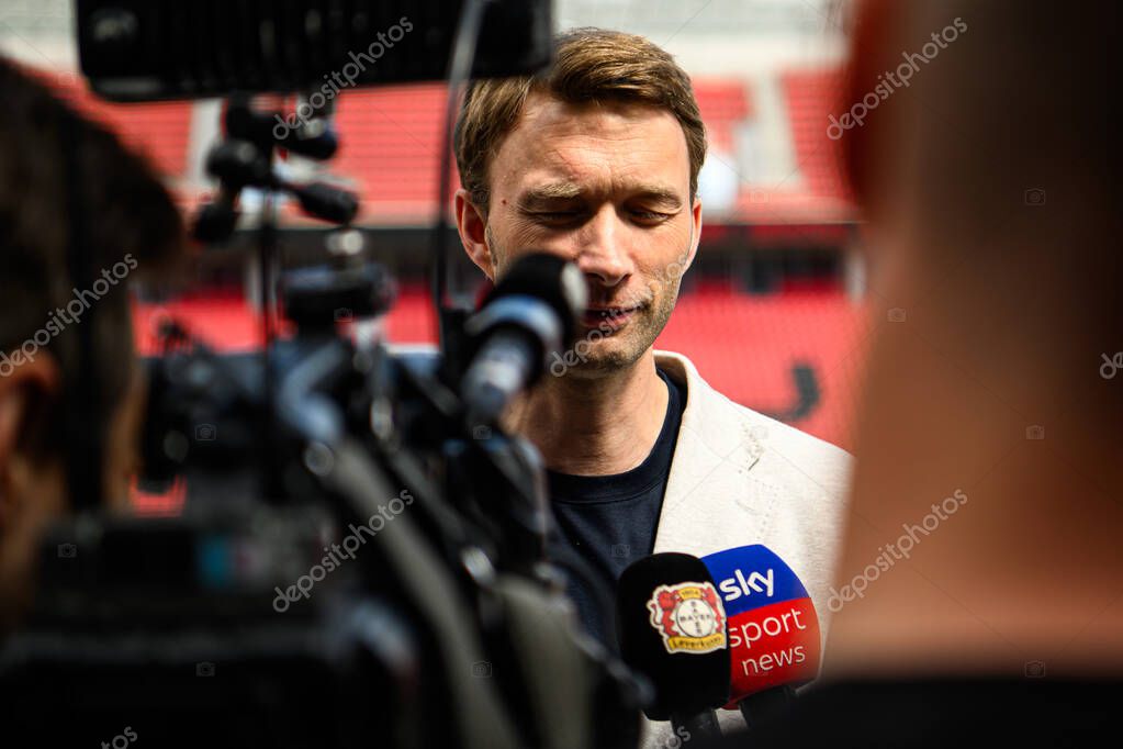 LEVERKUSEN, GERMANY - 9 MAY, 2025:  - Simon Rolfes. Press Conference. The Bundesliga match Bayer 04 Leverkusen vs Borusssia Dortmund at BayArena.
