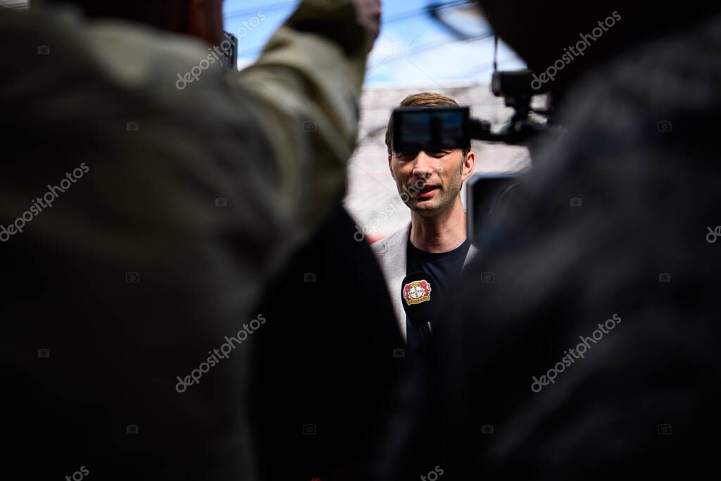 LEVERKUSEN, GERMANY - 9 MAY, 2025:  - Simon Rolfes. Press Conference. The Bundesliga match Bayer 04 Leverkusen vs Borusssia Dortmund at BayArena.