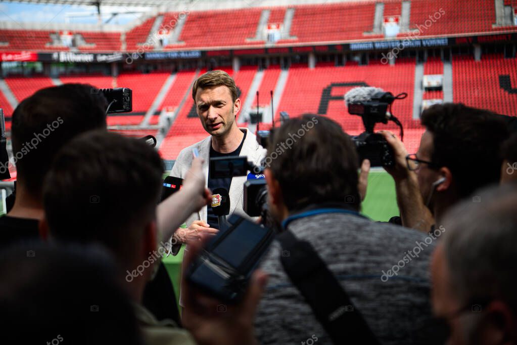LEVERKUSEN, GERMANY - 9 MAY, 2025:  - Simon Rolfes. Press Conference. The Bundesliga match Bayer 04 Leverkusen vs Borusssia Dortmund at BayArena.