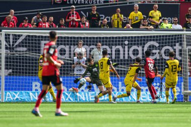 LEVERKUSEN, GERMANY - 11 MAYIS, 2025: Gregor Kobel - Bundesliga maçı Bayer 04 Leverkusen FC Augsburg 'a karşı Bayarena' da.