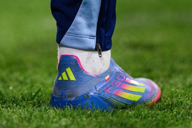 COLOGNE, GERMANY - 5 Nisan 2025: Adidas F50 Elit Bağcıksız FG - Rhein Enerji Stadyumu.