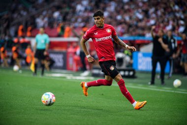 LEVERKUSEN, GERMANY - 21 Mayıs 2023: Piero Hincapie - Bayer 04 Leverkusen Borussia Moenchengladbach 'a karşı.