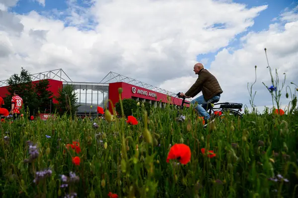 MAINZ, GERMANY - 17 Mayıs 2025: Bir adam MeWA ArENA 'nın önündeki çiçek açan kır çiçeği tarlasının önünden bisikletle geçiyor, renkli çiçek açan kır çiçekleri tarlasının arkasında görülüyor. Bundesliga eşleşmesi öncesinde manzaralı atmosfer oluşturuluyor.