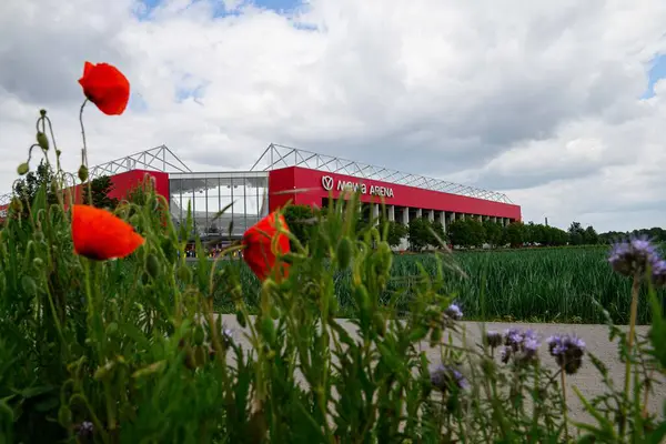 MAINZ, ALMANY - 17 MAYIS, 2025: 1 'in ana stadyumu olan Mewa ArENA' nın genel manzarası. FSV Mainz 05, renkli çiçek tarlalarının arkasında görüldü. Bundesliga eşleşmesi öncesinde manzaralı atmosfer oluşturuluyor.