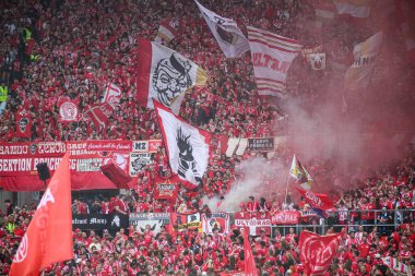 MAINZ, GERMANY - 17 Mayıs 2025: MeWA ARENA 'daki Bundesliga maçı sırasında FSV Mainz 05 bayrakları ve kırmızı dumanı yoğun bir fan atmosferi yarattı.
