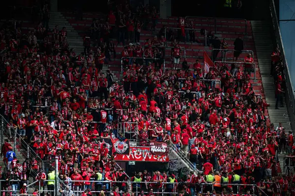 MAINZ, GERMANY - 17 Mayıs 2025: Bayer Leverkusen destekçileri Mainz 05 ile oynanan Bundesliga maçı sırasında MEWA ARENA 'nın dış sektörünü doldurdular. Taraftarlar kırmızı ve siyah kulüp renkleri giyerler.