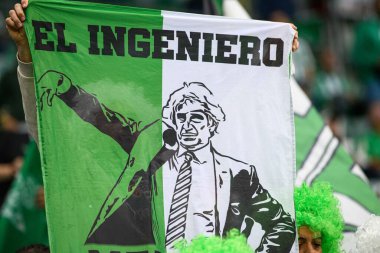 WROCLAW, POLAND - 28 Mayıs 2025: Flag Manuel Pellegrini - UEFA Avrupa Konferans Ligi Real Betis Chelsea FC ile Wroclaw Stadyumu 'nda oynanan final maçı.