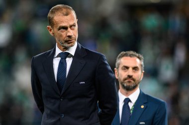 WROCLAW, POLAND - 28 Mayıs 2025: Aleksander Ceferin - UEFA Avrupa Konferans Ligi Real Betis Chelsea FC ile Wroclaw Stadyumu 'nda oynanan final maçı.