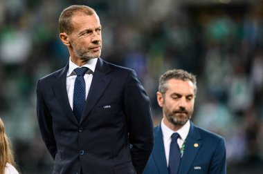 WROCLAW, POLAND - 28 Mayıs 2025: Aleksander Ceferin - UEFA Avrupa Konferans Ligi Real Betis Chelsea FC ile Wroclaw Stadyumu 'nda oynanan final maçı.