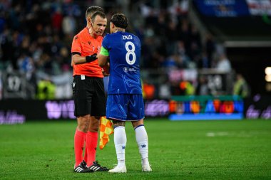 WROCLAW, POLAND - 28 Mayıs 2025: Irfan Peljto, Enzo Fernandez - UEFA Avrupa Konferans Ligi Real Betis Chelsea FC 'ye karşı Wroclaw Stadyumu' nda final maçı.