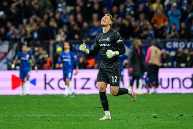 WROCLAW, POLAND - 28 Mayıs 2025: Filip Jorgensen - UEFA Avrupa Konferans Ligi Real Betis Chelsea FC 'ye karşı Wroclaw Stadyumu' nda oynanan final maçı.