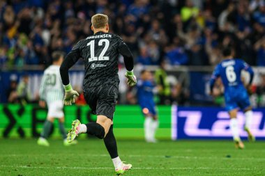 WROCLAW, POLAND - 28 Mayıs 2025: Filip Jorgensen - UEFA Avrupa Konferans Ligi Real Betis Chelsea FC 'ye karşı Wroclaw Stadyumu' nda oynanan final maçı.