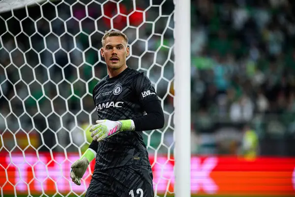 WROCLAW, POLAND - 28 Mayıs 2025: Filip Jorgensen - UEFA Avrupa Konferans Ligi Real Betis Chelsea FC 'ye karşı Wroclaw Stadyumu' nda oynanan final maçı.