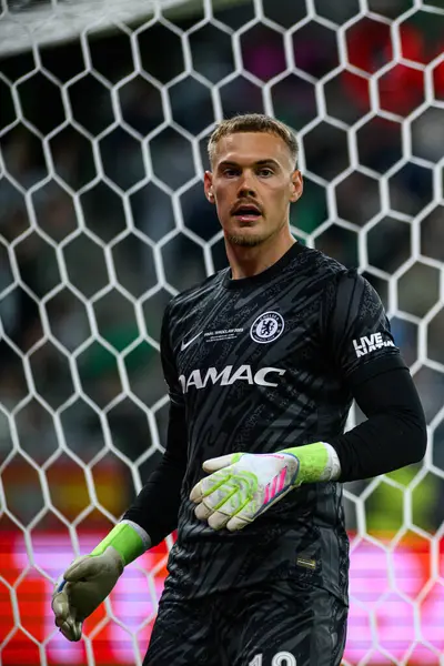 WROCLAW, POLAND - 28 Mayıs 2025: Filip Jorgensen - UEFA Avrupa Konferans Ligi Real Betis Chelsea FC 'ye karşı Wroclaw Stadyumu' nda oynanan final maçı.