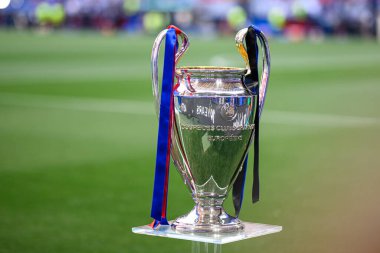 DUESSELDORF, GERMANY - 31 Mayıs 2025: UEFA Şampiyonlar Ligi kupası, Paris Saint-Germain FC ile Inter Milan arasında Allianz Arena 'da oynanan final maçı öncesinde sahada sergilendi.