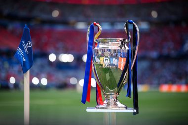 DUESSELDORF, GERMANY - 31 Mayıs 2025: UEFA Şampiyonlar Ligi kupası, Paris Saint-Germain FC ile Inter Milan arasında Allianz Arena 'da oynanan final maçı öncesinde sahada sergilendi.