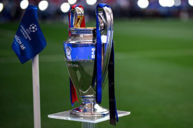 DUESSELDORF, GERMANY - 31 Mayıs 2025: UEFA Şampiyonlar Ligi kupası, Paris Saint-Germain FC ile Inter Milan arasında Allianz Arena 'da oynanan final maçı öncesinde sahada sergilendi.