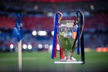 DUESSELDORF, GERMANY - 31 Mayıs 2025: UEFA Şampiyonlar Ligi kupası, Paris Saint-Germain FC ile Inter Milan arasında Allianz Arena 'da oynanan final maçı öncesinde sahada sergilendi.