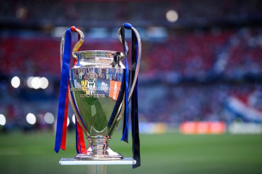 DUESSELDORF, GERMANY - 31 Mayıs 2025: UEFA Şampiyonlar Ligi kupası, Paris Saint-Germain FC ile Inter Milan arasında Allianz Arena 'da oynanan final maçı öncesinde sahada sergilendi.