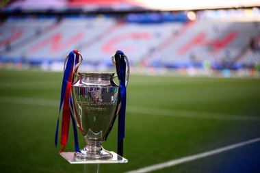 DUESSELDORF, GERMANY - 31 Mayıs 2025: UEFA Şampiyonlar Ligi kupası, Paris Saint-Germain FC ile Inter Milan arasında Allianz Arena 'da oynanan final maçı öncesinde sahada sergilendi.