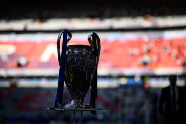 DUESSELDORF, GERMANY - 31 Mayıs 2025: UEFA Şampiyonlar Ligi kupası, Paris Saint-Germain FC ile Inter Milan arasında Allianz Arena 'da oynanan final maçı öncesinde sahada sergilendi.