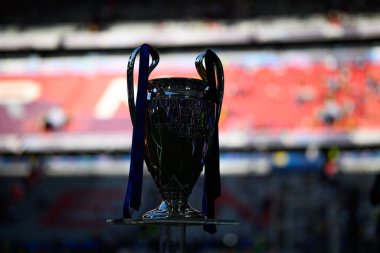 DUESSELDORF, GERMANY - 31 Mayıs 2025: UEFA Şampiyonlar Ligi kupası, Paris Saint-Germain FC ile Inter Milan arasında Allianz Arena 'da oynanan final maçı öncesinde sahada sergilendi.