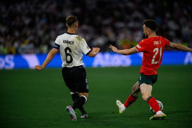 MUNİH, GERMANY - 4 Haziran 2025: Diogo Jota, Joshua Kimmich - UEFA Milletler Ligi 2025 Almanya - Allianz Arena 'da Portekiz' e karşı. 