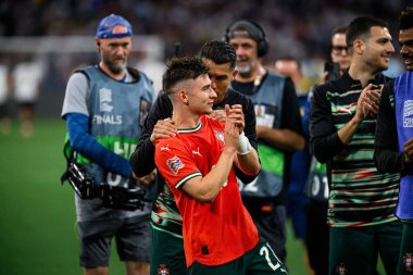 MUNICH, GERMANY - 4 Haziran 2025: Francisco Conceicao, Cristiano Ronaldo - UEFA Uluslar Ligi 2025 Almanya - Allianz Arena 'da Portekiz' e karşı. 