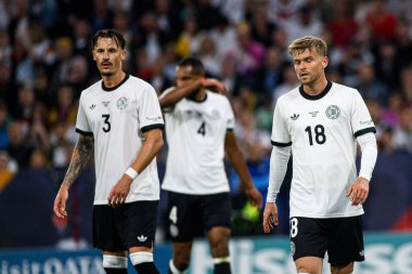 MUNICH, GERMANY - 4 Haziran 2025: Robin Koch, Maximilian Mittelstadt - UEFA Milletler Ligi 2025 Almanya - Allianz Arena 'da Portekiz' e karşı. 