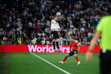 MUNICH, GERMANY - 4 Haziran 2025: Maximilian Mittelstadt, Renato Veiga - UEFA Uluslar Ligi 2025 Almanya Allianz Arena 'da Portekiz' e karşı. 