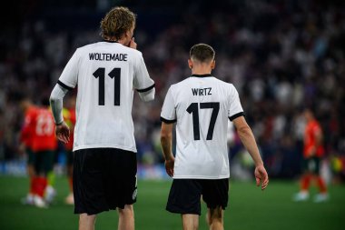 MUNİH, GERMANY - 4 Haziran 2025: Florian Wirtz, Nick Woltemade - UEFA Uluslar Ligi 2025 Almanya - Allianz Arena 'da Portekiz' e karşı. 